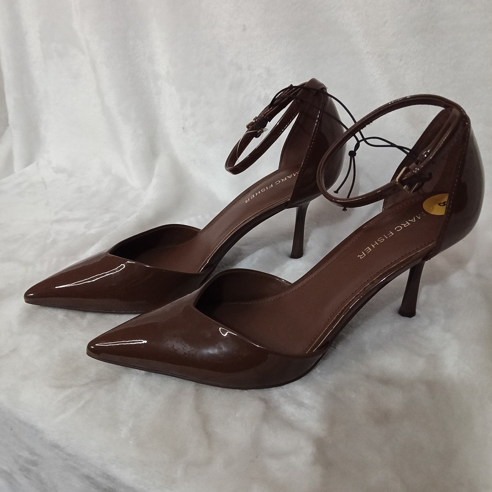 Marc Fisher Brown Patent Ankle Strap Pointed Toe Pumps D'Orsay Stiletto Heels 8
